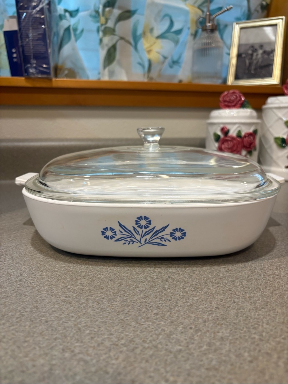 Corningware White Covered Casserole with Blue Floral Cornflower Motif